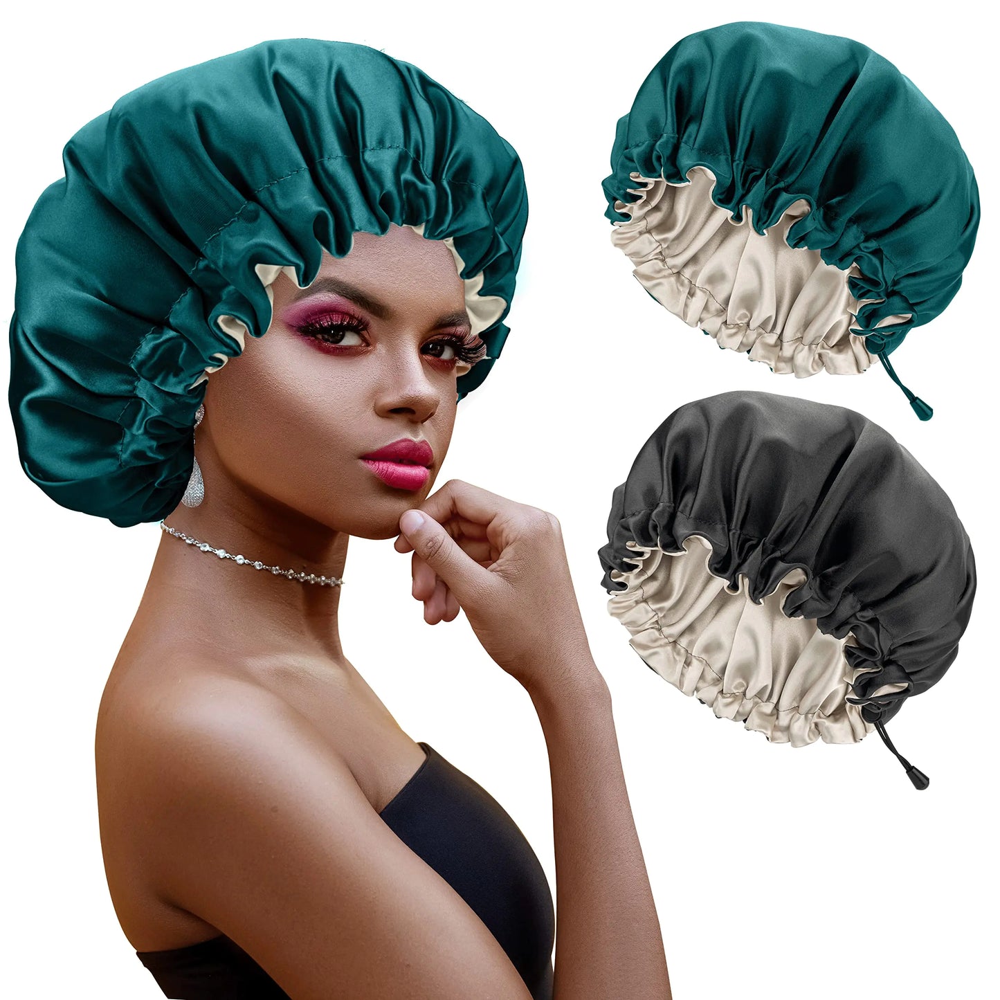 Satin Bonnet 2PCS Silk Bonnet Hair Bonnet for Black Women for Curly Hair Sleeping Silk Sleeping Cap Satin Sleep Cap Satin Night Cap Hair Cap for Sleeping Sleep Bonnet Black & Green