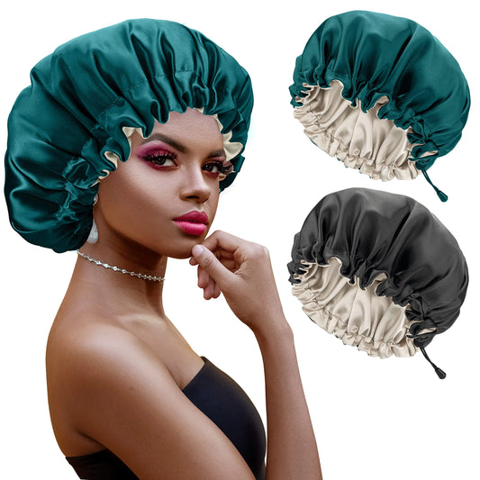 Satin Bonnet 2PCS Silk Bonnet Hair Bonnet for Black Women for Curly Hair Sleeping Silk Sleeping Cap Satin Sleep Cap Satin Night Cap Hair Cap for Sleeping Sleep Bonnet Black & Green