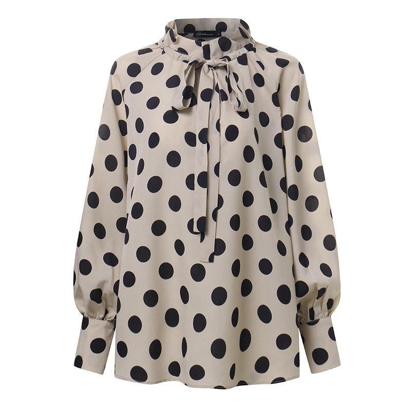 Women's Bow Stand Collar Blouse with Lantern Sleeves